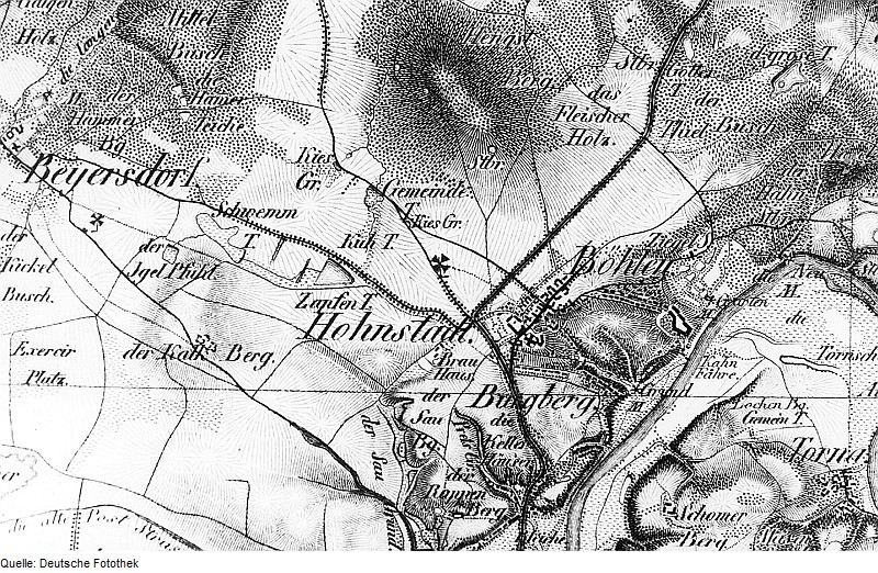 Hohnstädt auf einer Karte von Hermann Oberreit (1836–39)
Von Deutsche Fotothek, Gemeinfrei, https://commons.wikimedia.org/w/index.php?curid=6459776